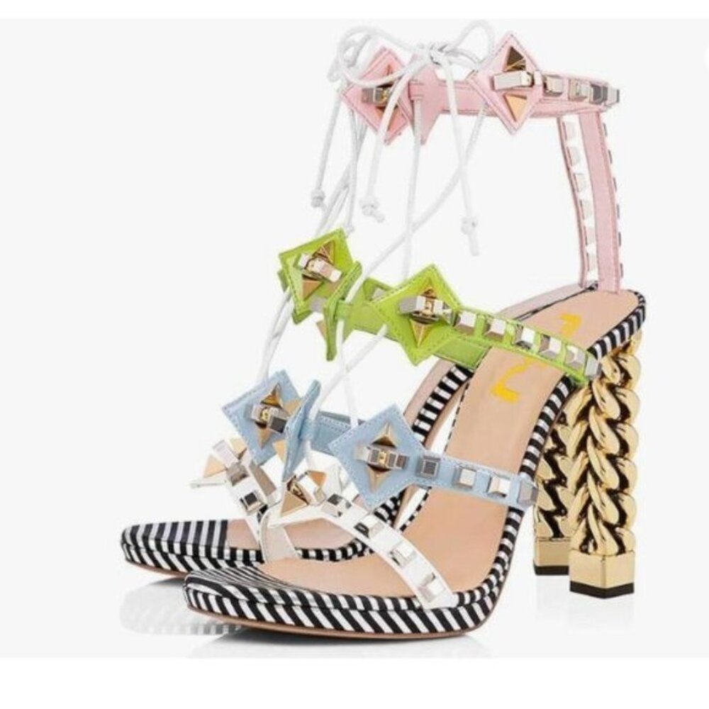 Multi-Color Strappy High Heel Sandals with Gold Chain Heel